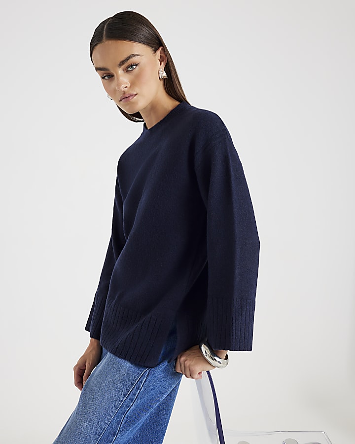 Navy Knitted Longline Crew Neck Jumper