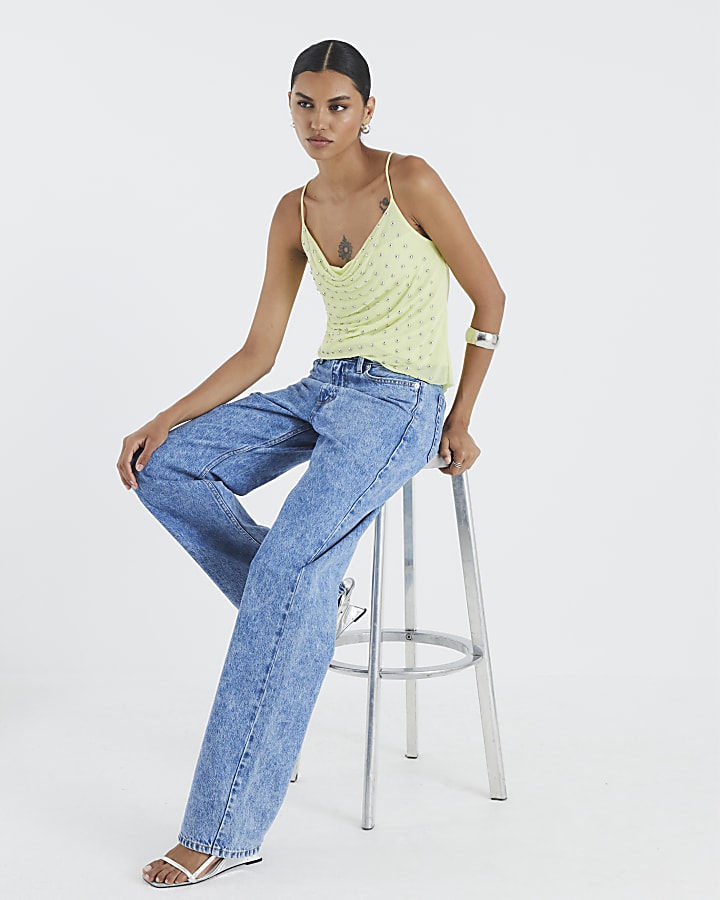 Green Sleeveless Studded Cowl Neck Cami Top