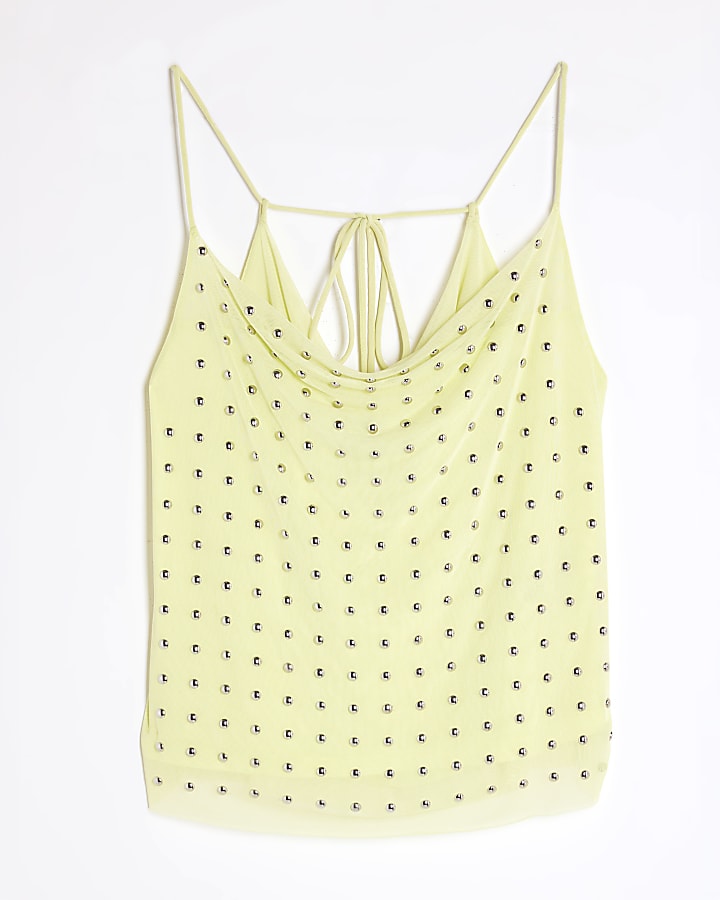 Green Sleeveless Studded Cowl Neck Cami Top