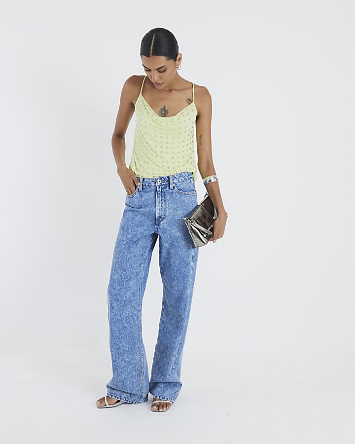 Green Sleeveless Studded Cowl Neck Cami Top