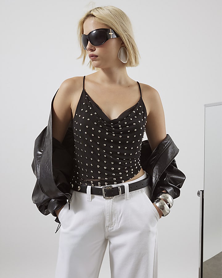 Black Sleeveless Studded Cowl Neck Cami Top