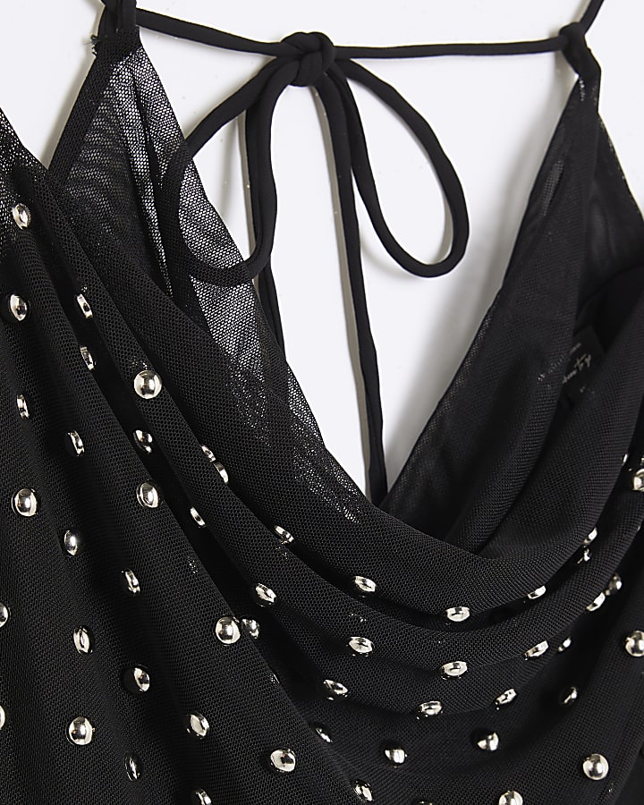 Black Sleeveless Studded Cowl Neck Cami Top