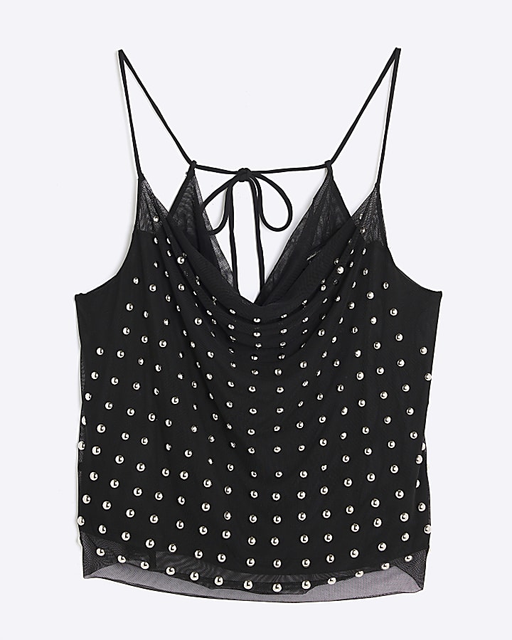 Black Sleeveless Studded Cowl Neck Cami Top