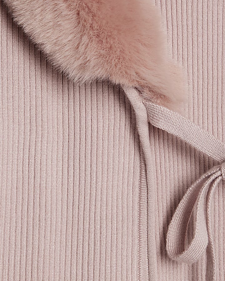 Pink Faux Fur Trim Cardigan Cami Set