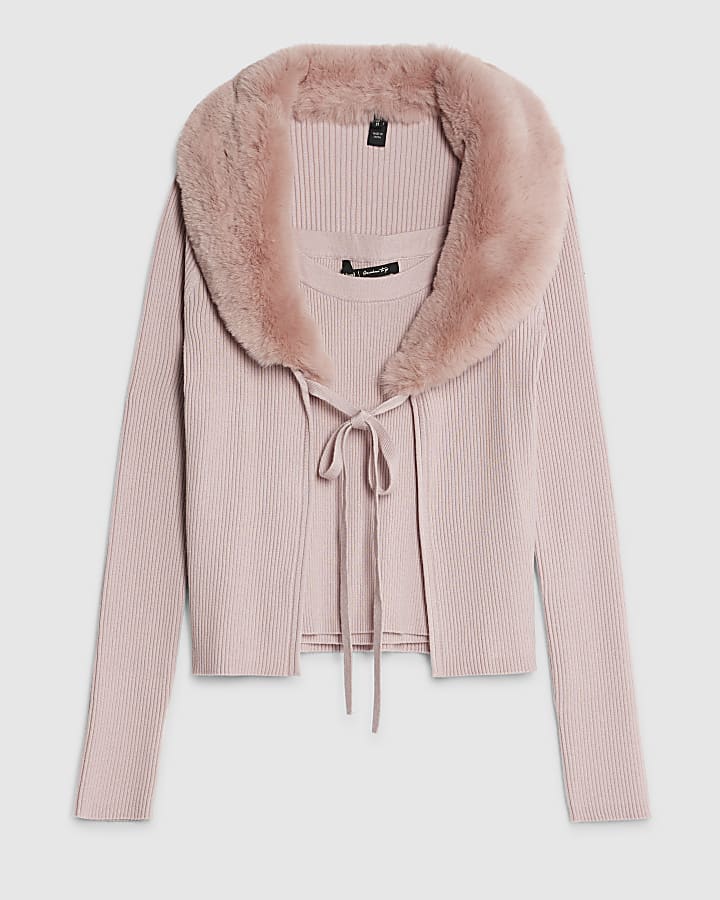 Pink Faux Fur Trim Cardigan Cami Set