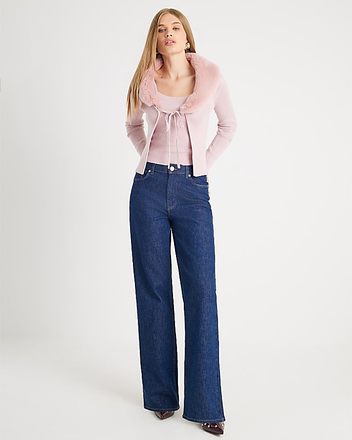 Pink Faux Fur Trim Cardigan Cami Set