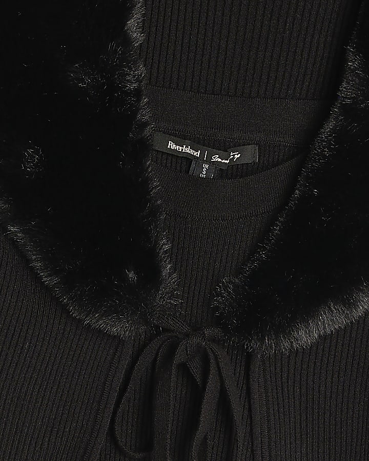Black Faux Fur Trim Cardigan Cami Set