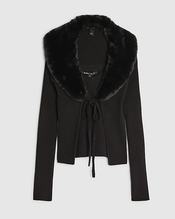 Black Faux Fur Trim Cardigan Cami Set