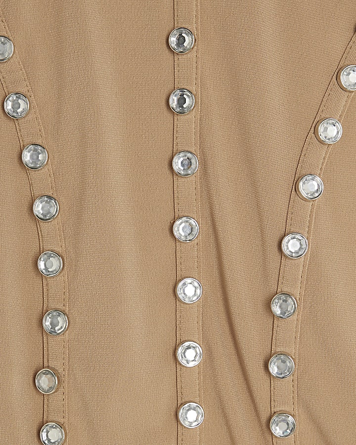 Beige Scoop neck Studded Bodysuit