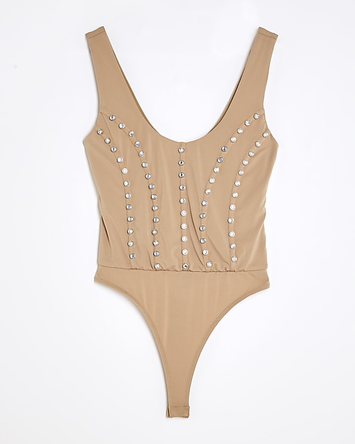 Beige Scoop neck Studded Bodysuit