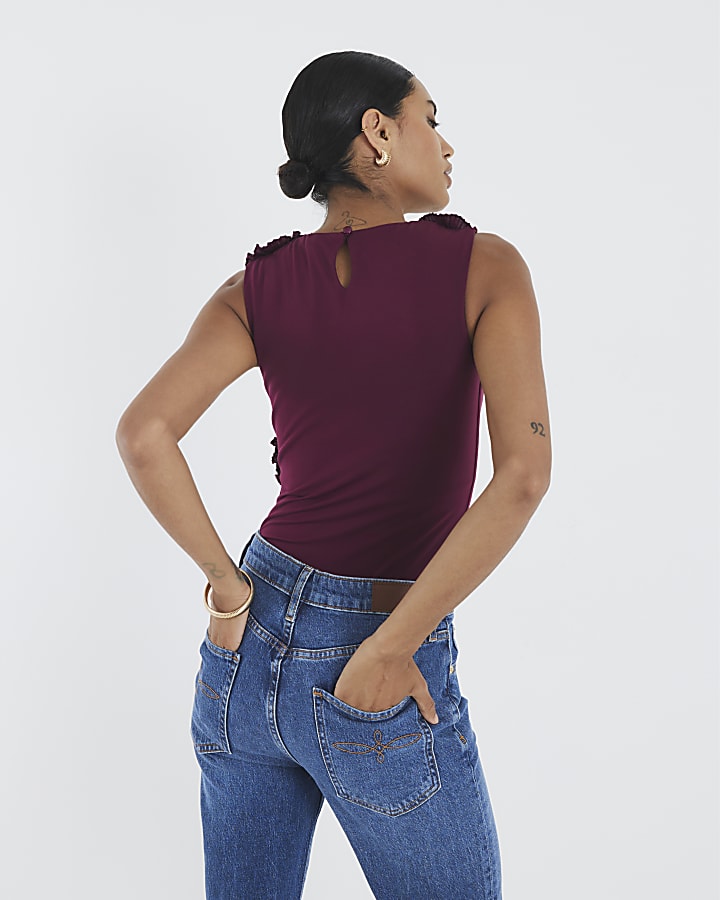 Purple Sleeveless Ruffle Bodysuit