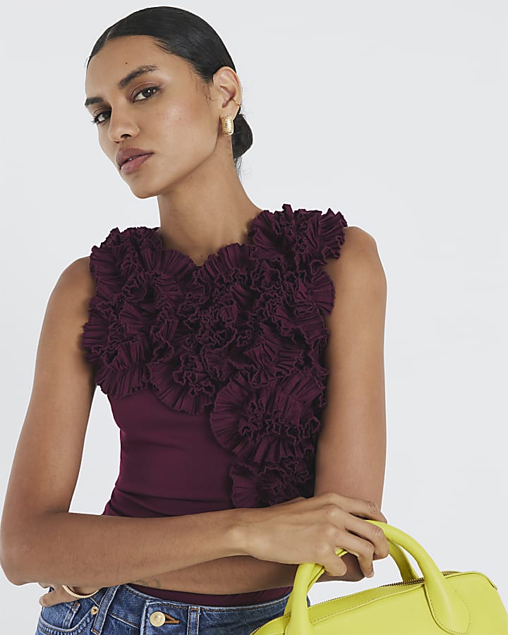 Purple Sleeveless Ruffle Bodysuit