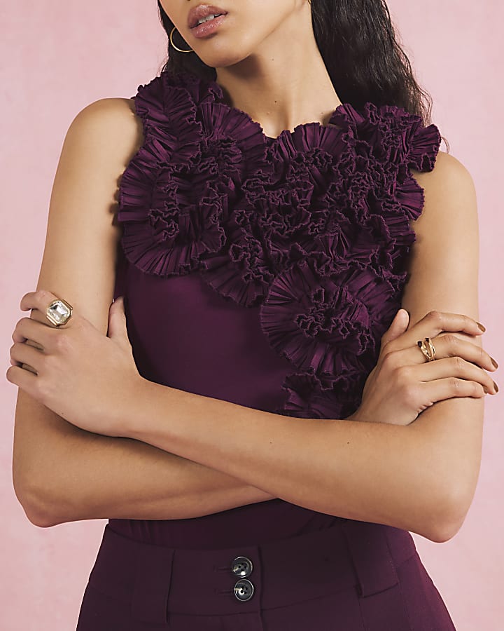 Purple Sleeveless Ruffle Bodysuit