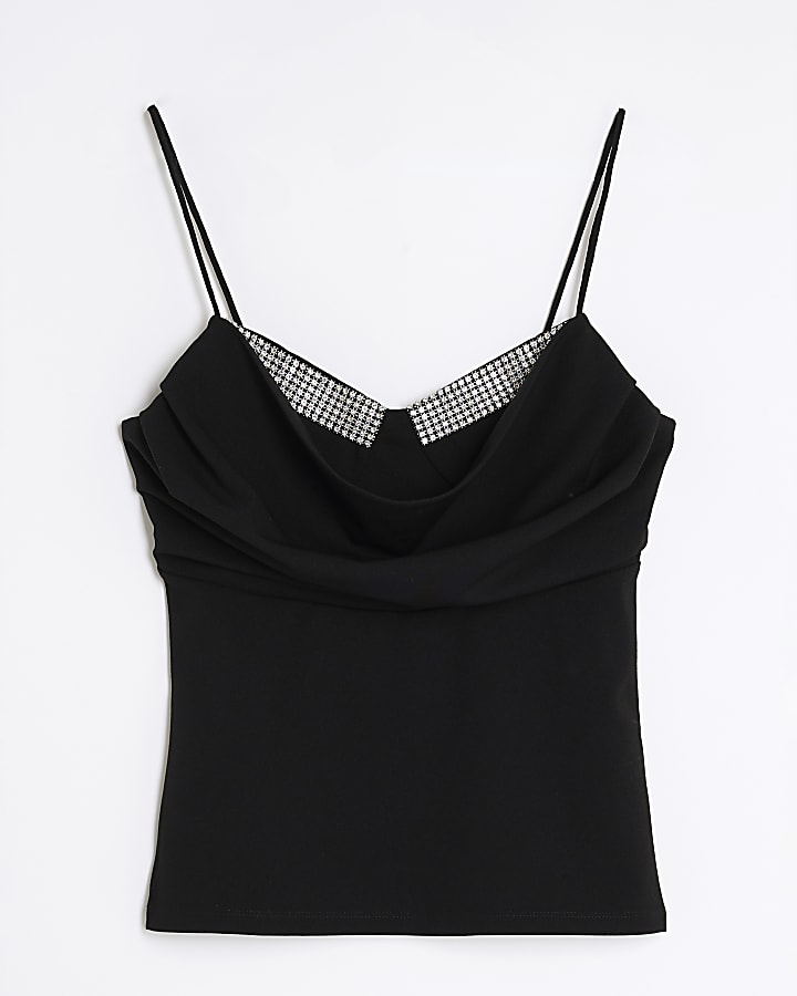 Black Sleeveless Cowl Neck Diamante Cami Top