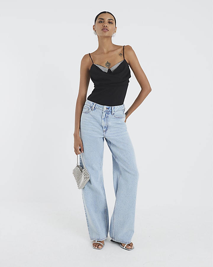 Black Sleeveless Cowl Neck Diamante Cami Top