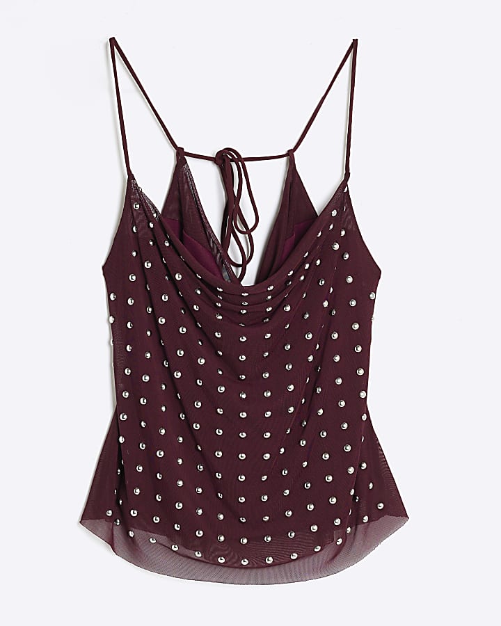 Purple Sleeveless Studded Cowl Neck Cami Top