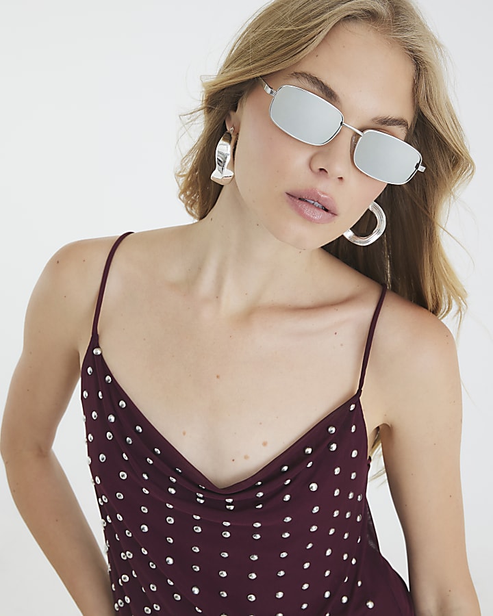Purple Sleeveless Studded Cowl Neck Cami Top