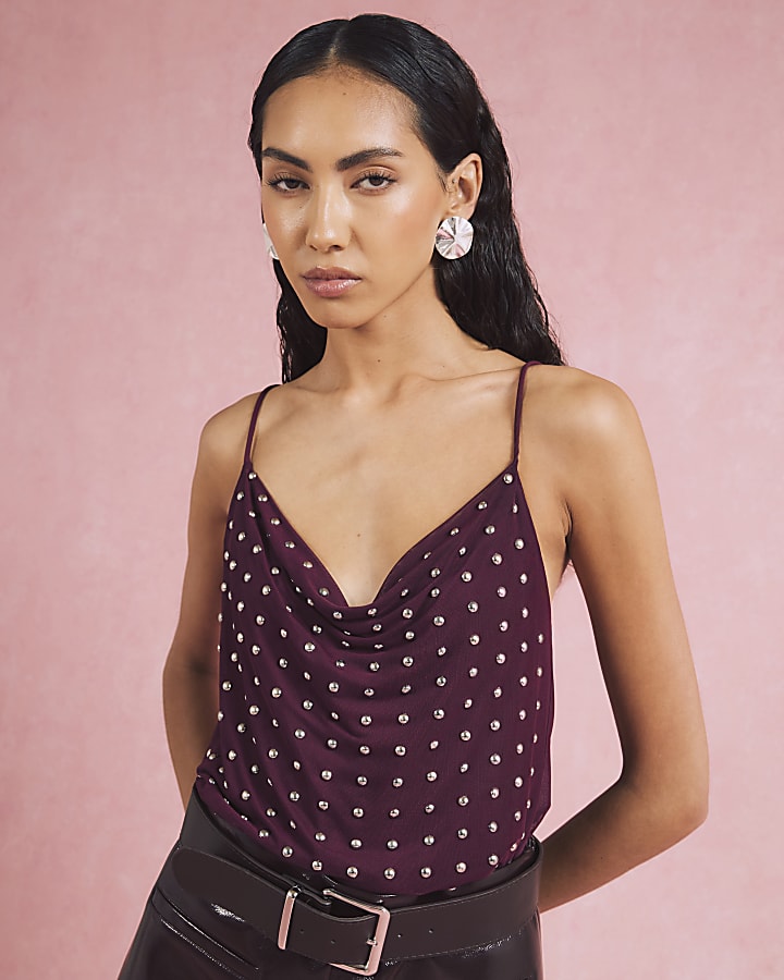 Purple Sleeveless Studded Cowl Neck Cami Top