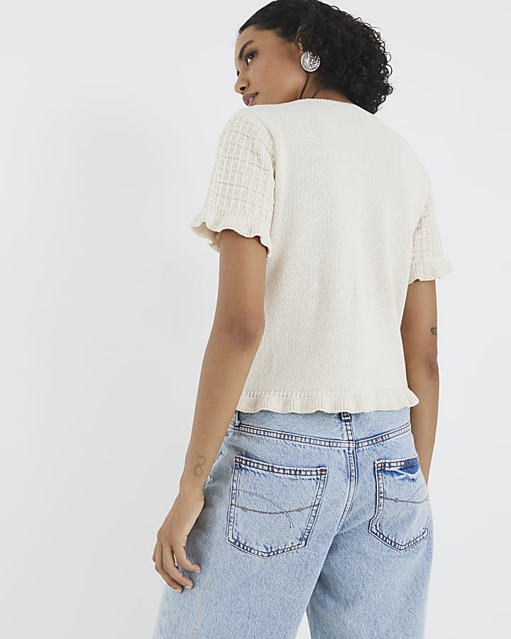 Cream Knitted Frill Short Sleeve Cardigan
