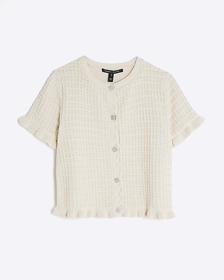 Cream Knitted Frill Short Sleeve Cardigan