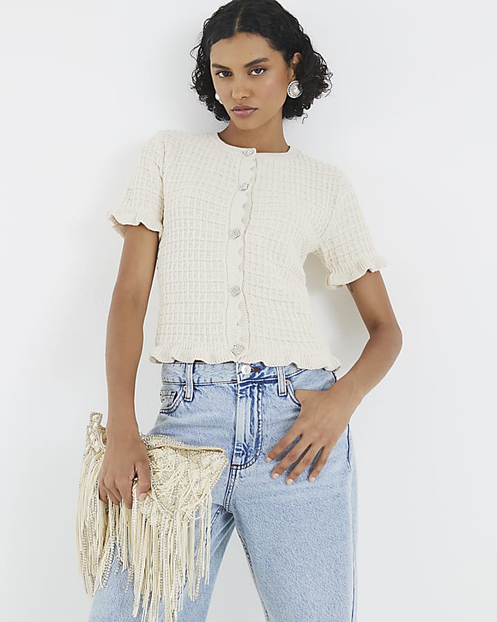 Cream Knitted Frill Short Sleeve Cardigan