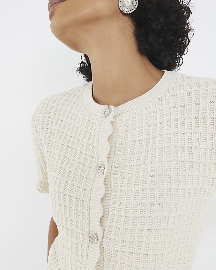 Cream Knitted Frill Short Sleeve Cardigan