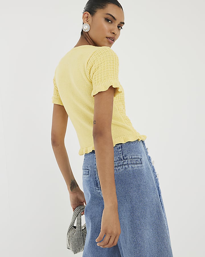 Yellow Knit Frill Trim Short Sleeve Cardigan