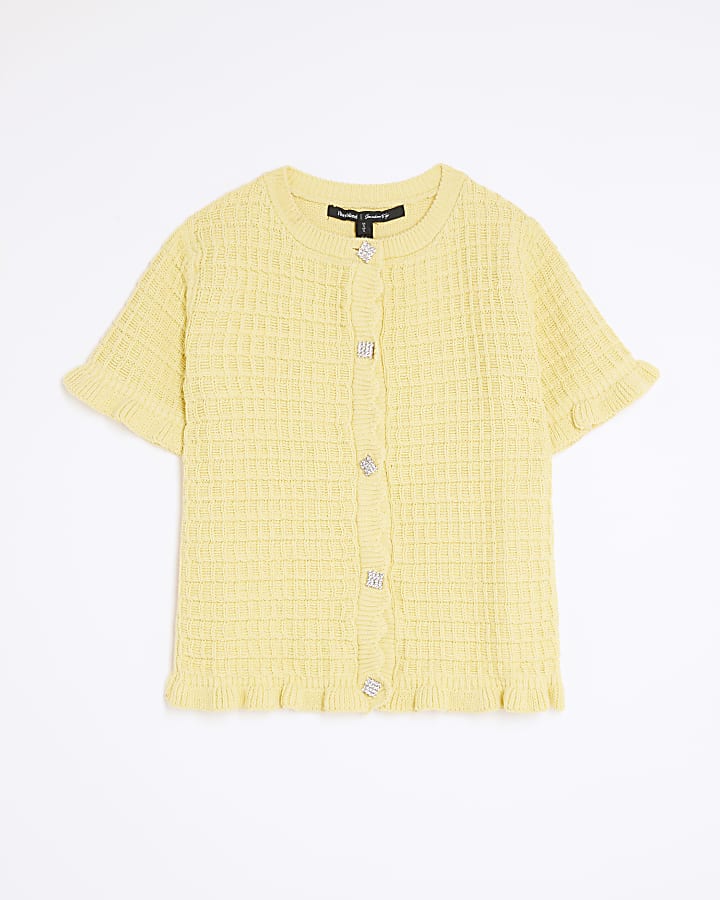Yellow Knit Frill Trim Short Sleeve Cardigan