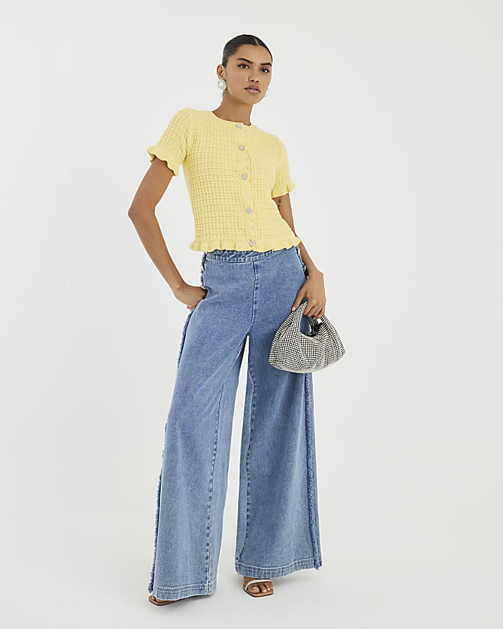 Yellow Knit Frill Trim Short Sleeve Cardigan