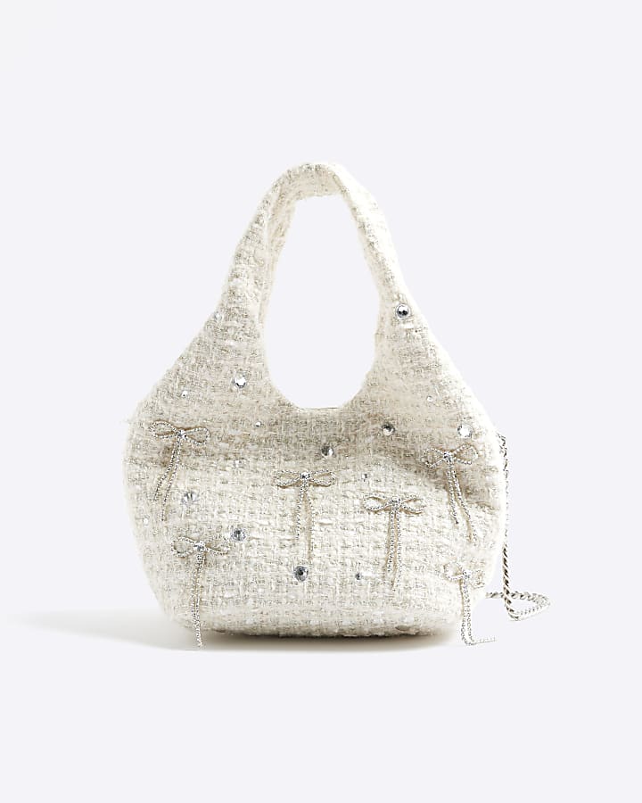 Cream Boucle Diamante Bow Clutch Bag