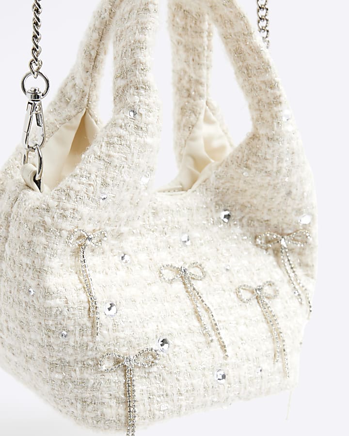 Cream Boucle Diamante Bow Clutch Bag