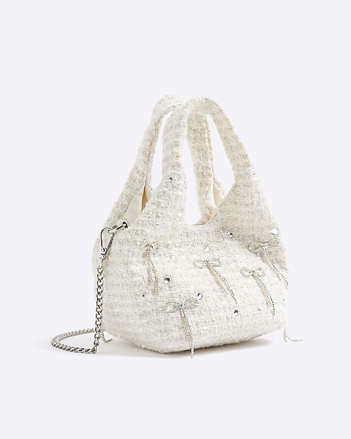 Cream Boucle Diamante Bow Clutch Bag