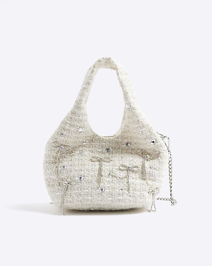 Cream Boucle Diamante Bow Clutch Bag