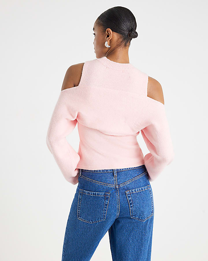 Pink Knitted Cut Out Shoulder Top