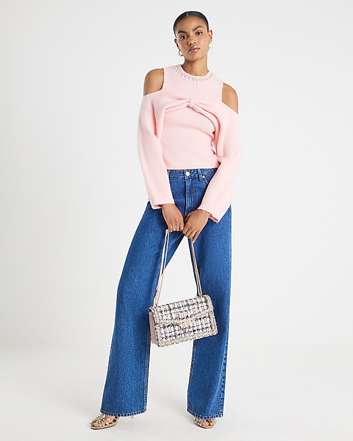 Pink Knitted Cut Out Shoulder Top