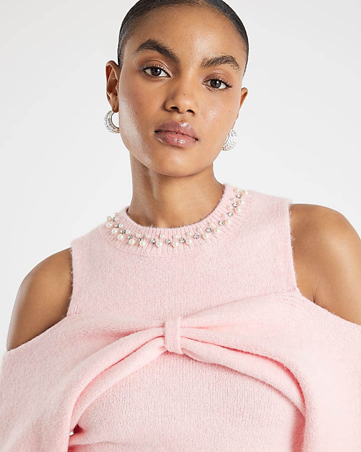 Pink Knitted Cut Out Shoulder Top