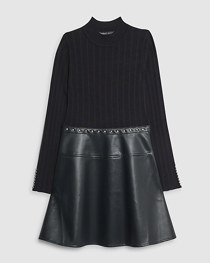 Black Faux Leather Hybrid Mini Dress
