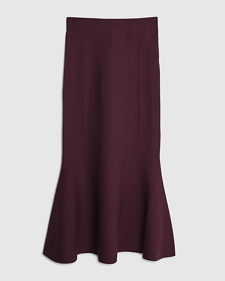 Red Knitted Flare Midi Skirt