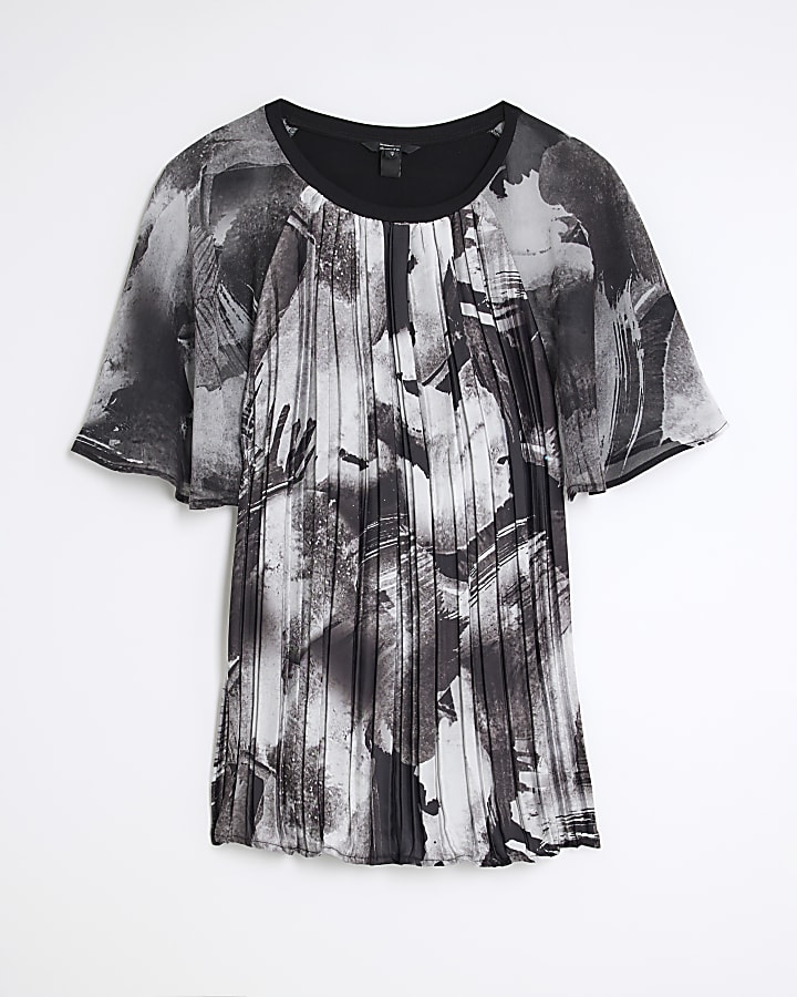 Black Short Sleeve Pleated Hybrid Top