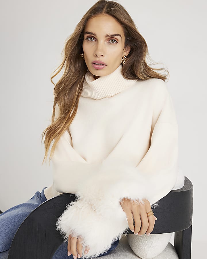 Cream Knitted Faux Fur Cuff Jumper