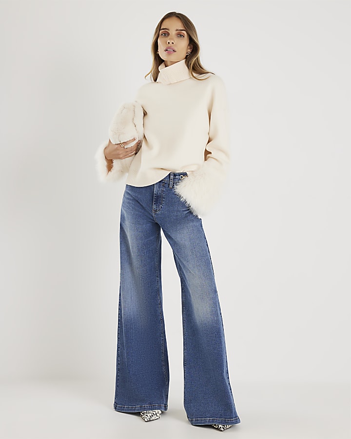 Cream Knitted Faux Fur Cuff Jumper