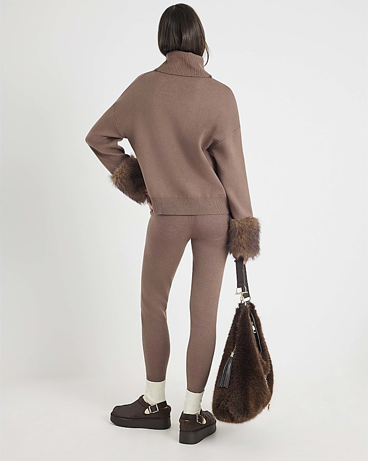 Brown Knitted Faux Fur Cuff Jumper