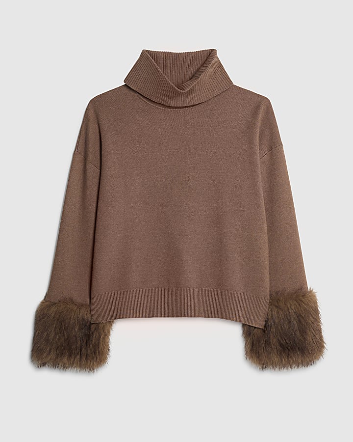 Brown Knitted Faux Fur Cuff Jumper