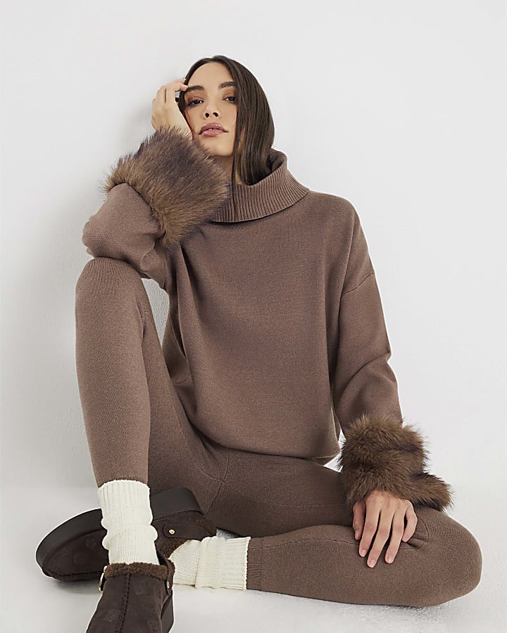 Brown Knitted Faux Fur Cuff Jumper