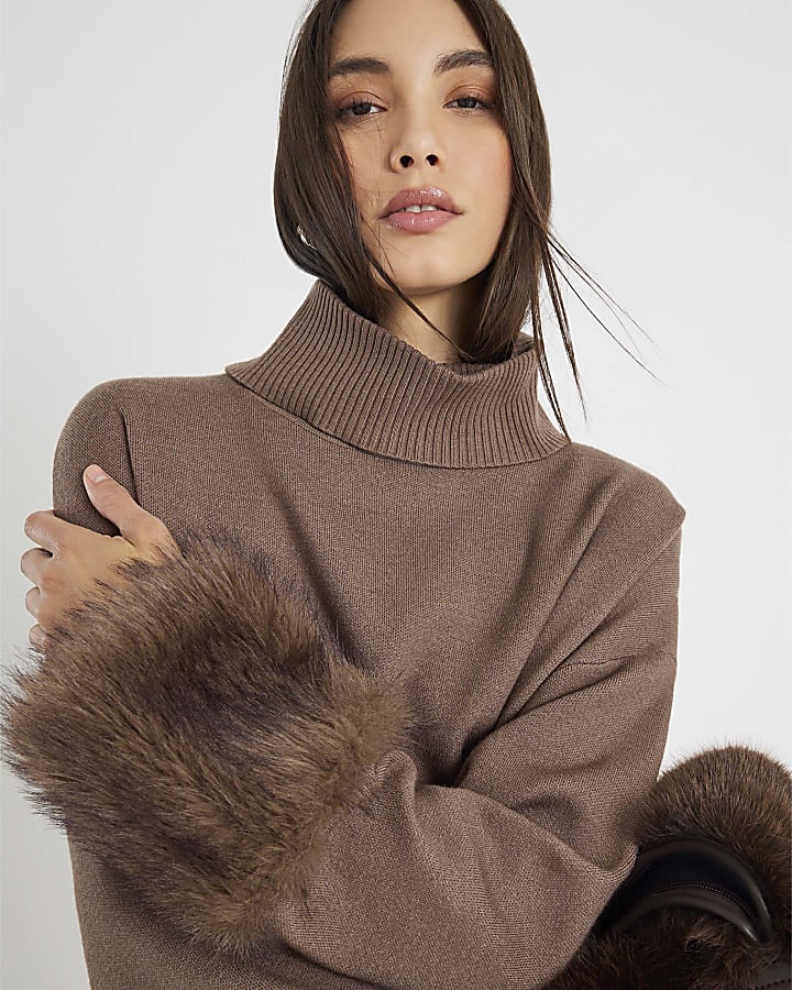 Brown Knitted Faux Fur Cuff Jumper