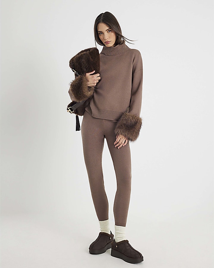 Brown Knitted Faux Fur Cuff Jumper