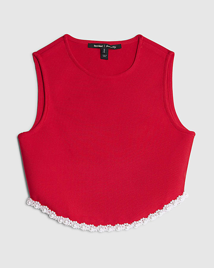 Red sleeveless embellished crop top