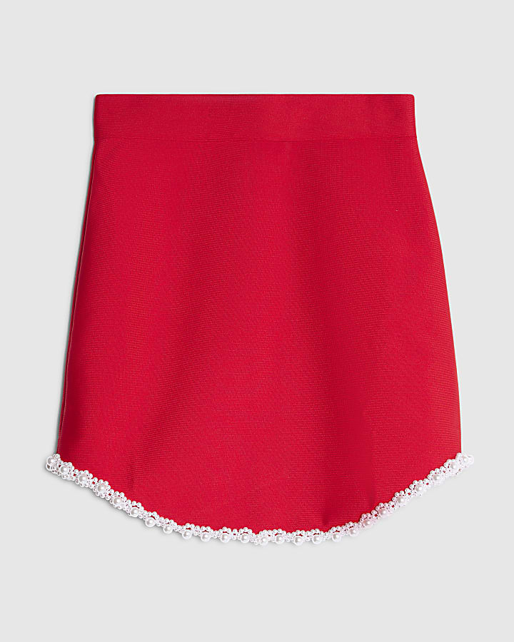 Red Pearl Hem Mini Skirt