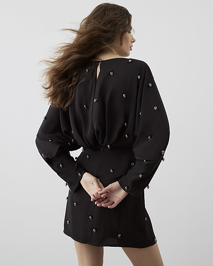 RI Studio Black Beaded Batwing Mini Dress