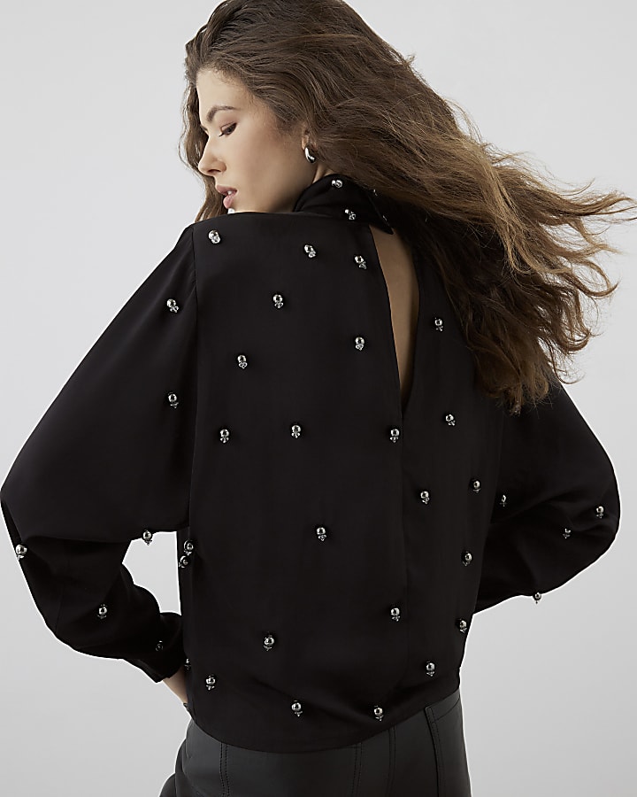 RI Studio Black High Neck beaded Batwing top